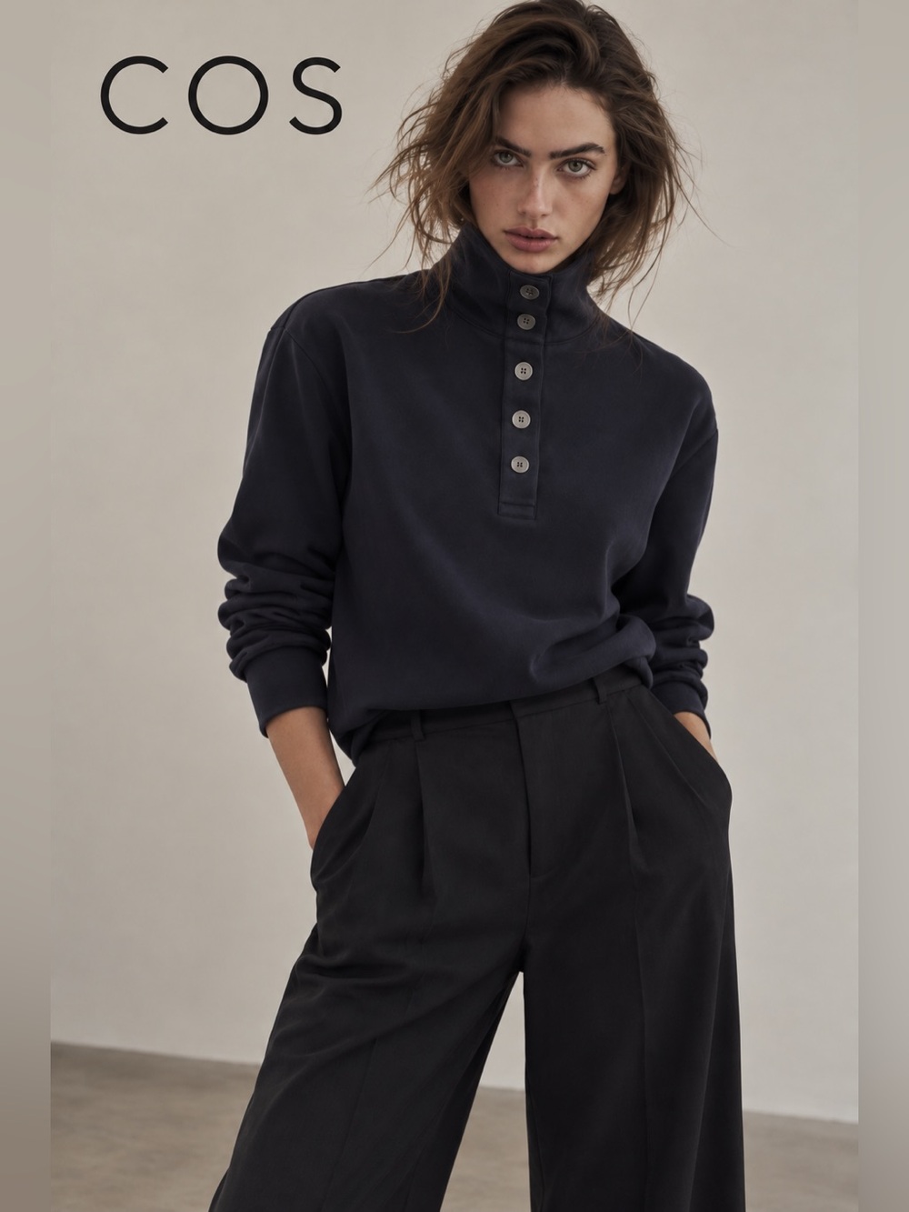 COS Minimalist Navy Funnel Neck Button-Up Pullover – Elevated Basics -Small
